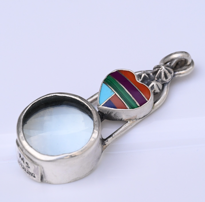 Signed MS Sterling Silver Southwest Jewelers Loupe W/ Inlay Rainbow Heart0
