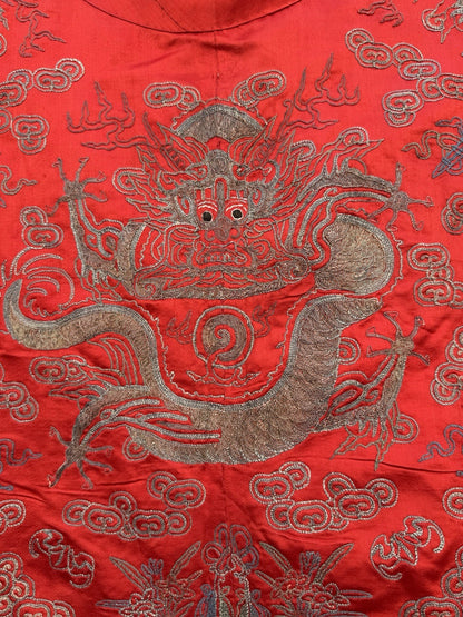 Antique Qing Dynasty Chinese Metallic Silk Embroidery Dragon Robe In Red Color7