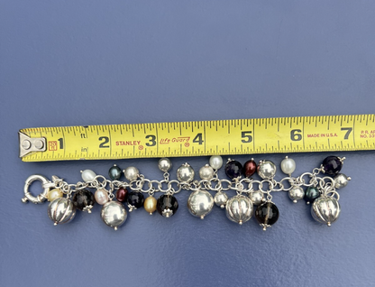 Beautiful Italian Sterling Silver Charm Bracelet w/ Pearls & Faceted Gemstone8