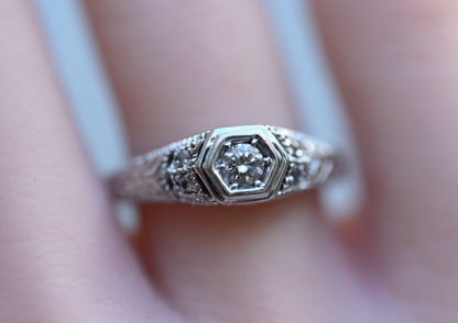 Intricate 14K White Gold Diamond Ring Geometric Hexagon Filigree Design by RLM5