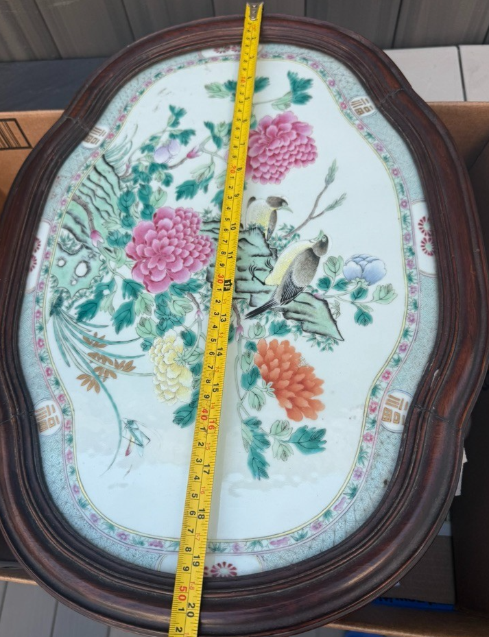 Large 20" Chinese Antique 1900s Porcelain Serving Tray with Enameled Black Birds12