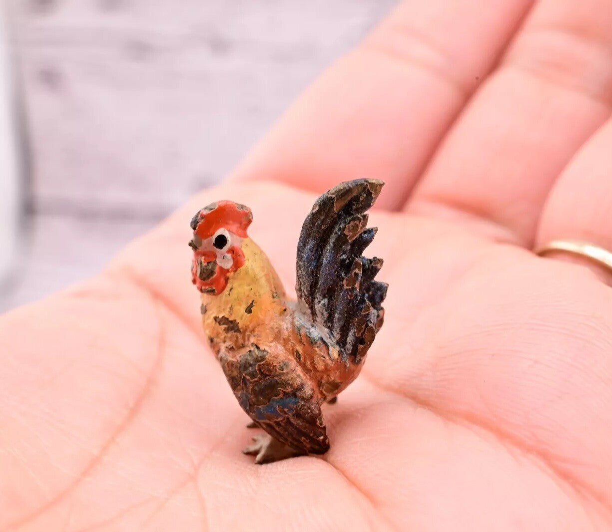 Original & Beautiful Antique Austrian Vienna Cold Painted Bronze of Tiny Rooster1
