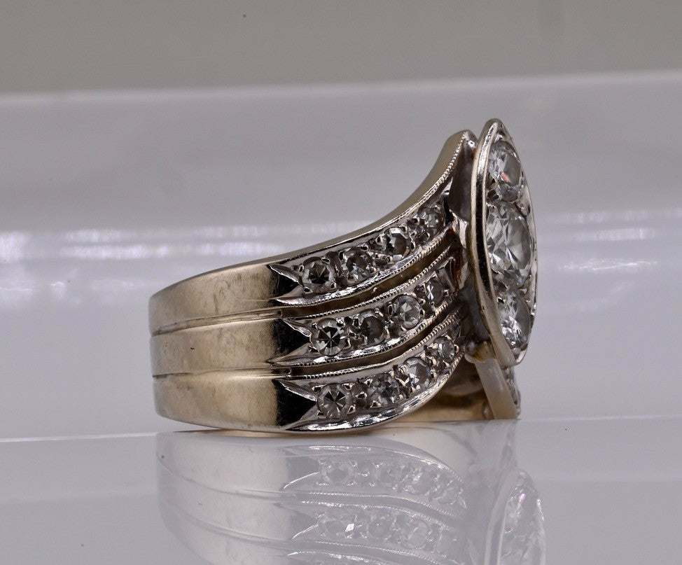 14K Retro Early Vintage Art Deco Style 3 Band Chevron Diamond Ring IGI Certified5