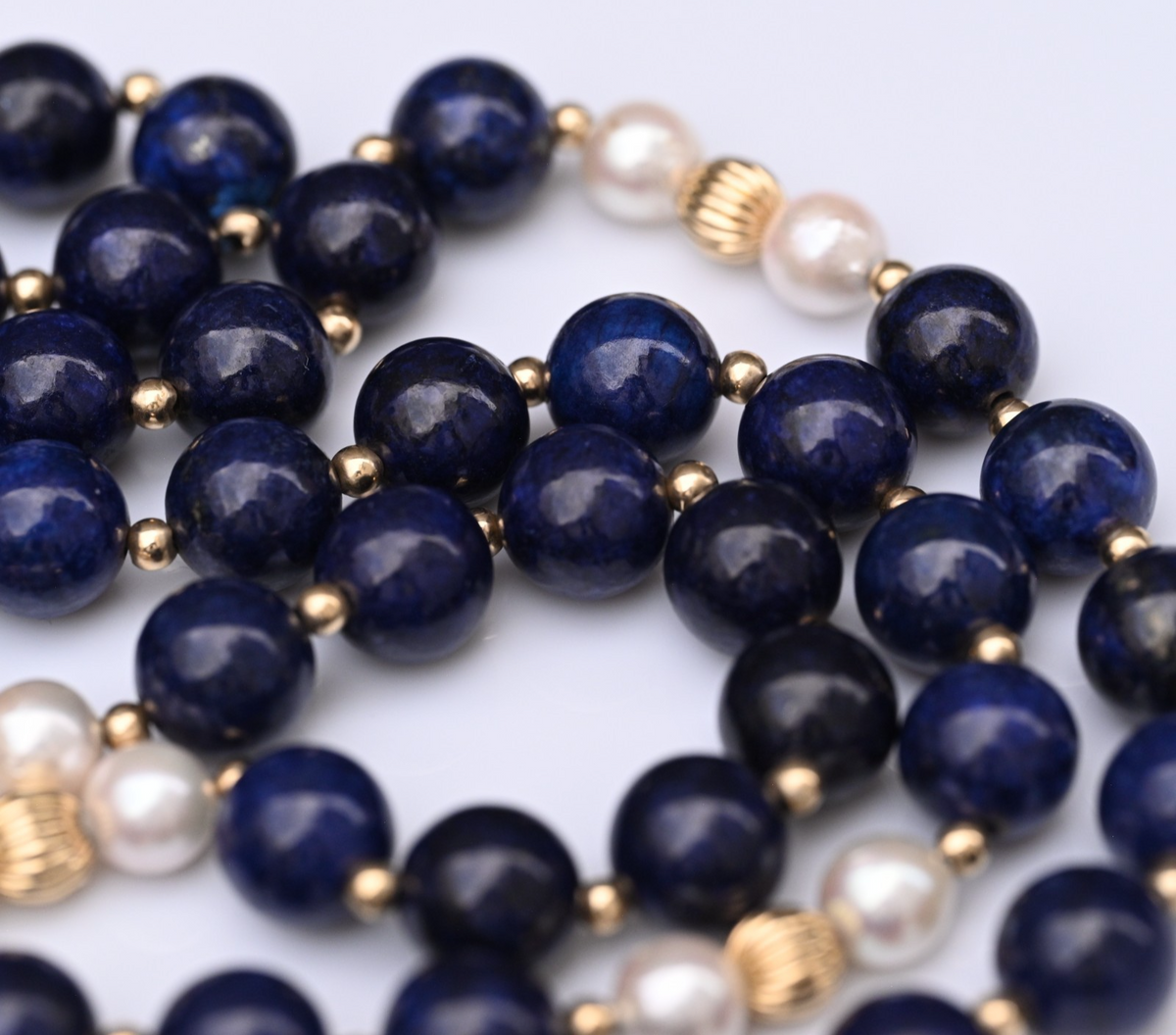 Vintage 14K Yellow Gold, Lapis Lazuli & Cultured Pearl Beaded Necklace2