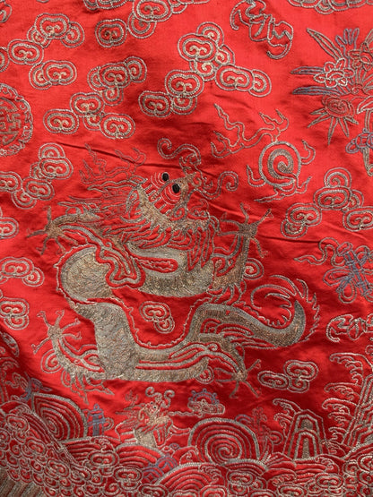 Antique Qing Dynasty Chinese Metallic Silk Embroidery Dragon Robe In Red Color8