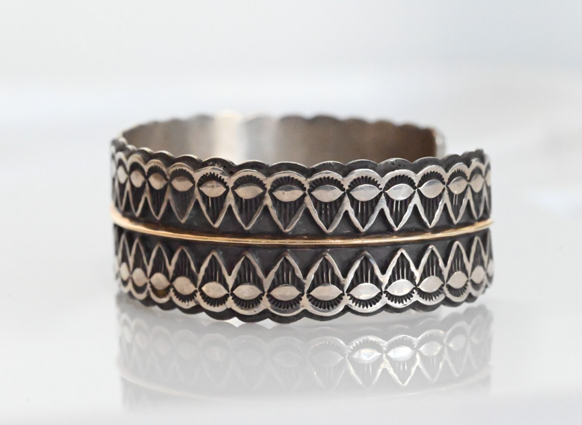 Gorgeous Native American Sterling Silver Cuff Bracelet w/ 14k Bar by Sara Hideko3