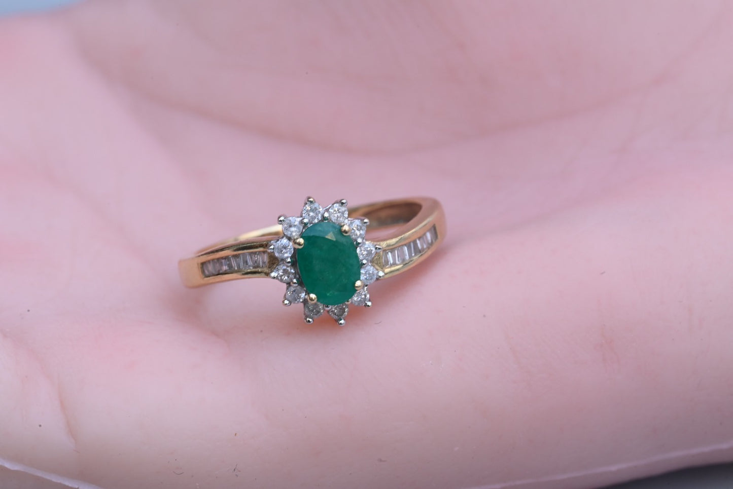 Gorgeous Vintage Oval Emerald Ring with Halo of Diamonds in 14K Yellow Gold5