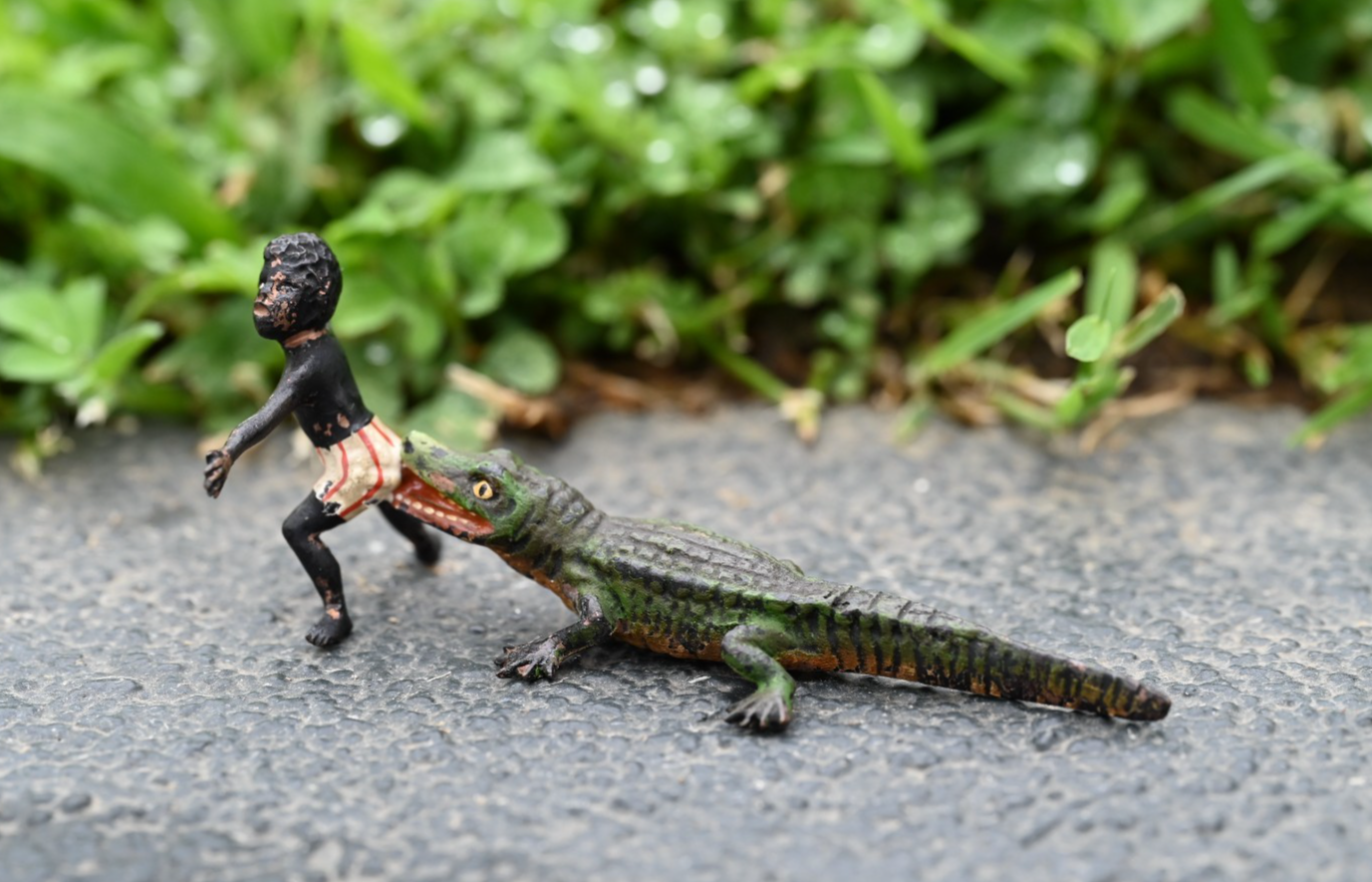 Rare 1900s Austrian Vienna Cold Painted Bronze Figure of Alligator Biting Child0