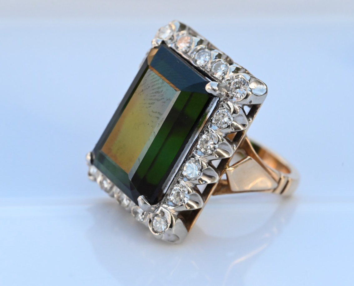 GIA Certified Yellowish Green Tourmaline & Diamond Ring in 14K Gold2