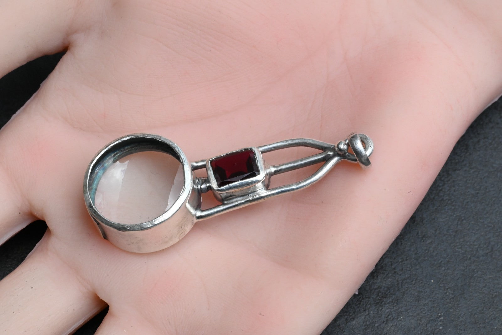 Vintage Signed Sterling Silver & Deep Red Lab Ruby Southwest Jewelers Loupe4