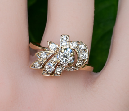 Floral Spray & Ribbon Cluster 14K Ring with Natural Antique Round-cut Diamonds0