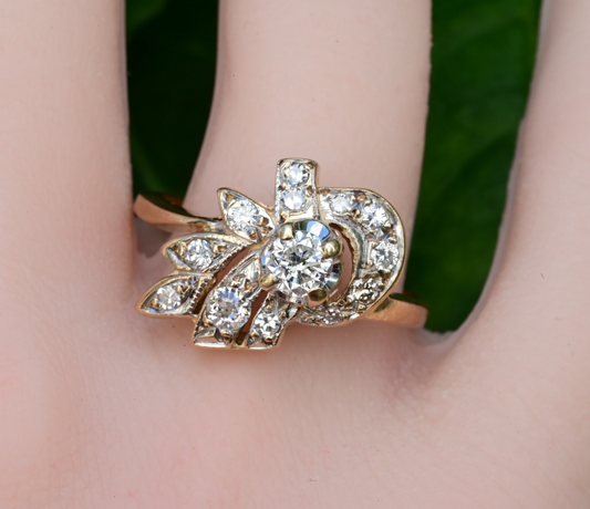 Floral Spray & Ribbon Cluster 14K Ring with Natural Antique Round-cut Diamonds0