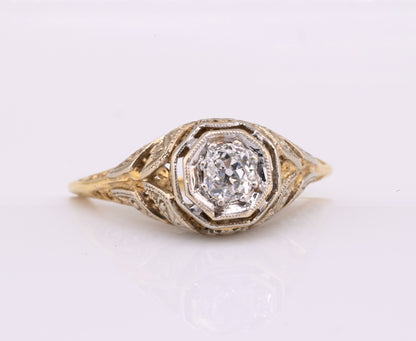 Elegant Antique 14K Bi Color Gold Ring w/ .30 ct Old Mine Cut Diamond IGI Cert5