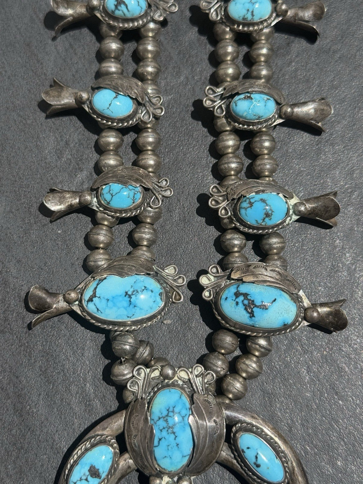 Early Native American Blue Turquoise & Sterling Silver Squash Blossom Necklace2