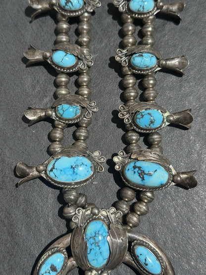 Early Native American Blue Turquoise & Sterling Silver Squash Blossom Necklace2