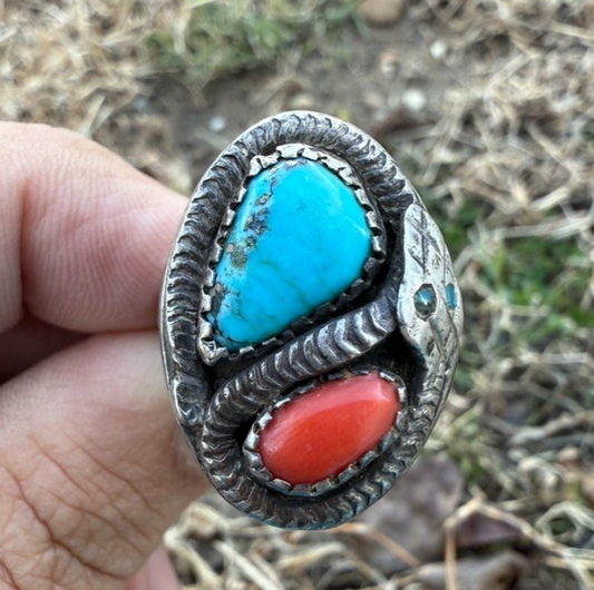 Superb Antique / Vintage Native American .925 Snake Design w/ Turquoise & Coral0