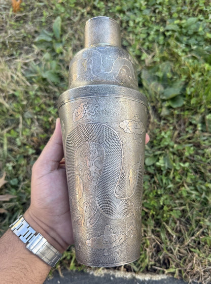 Etched Antique Dragon Design Teh Ling Export Silver Cocktail Shaker 615 Grams4