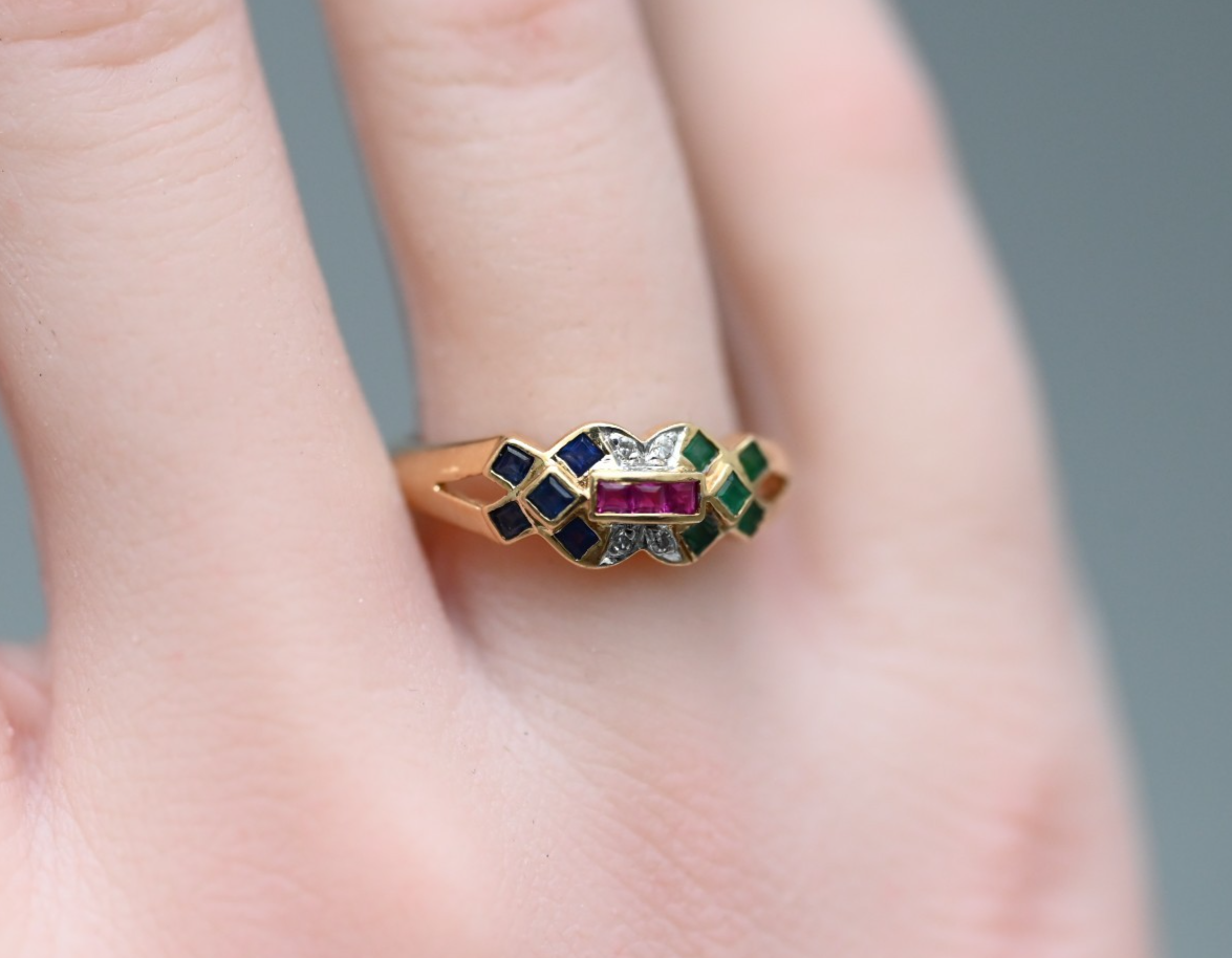 Mosaic Design Multi-gemstone Emeralds, Sapphires, Rubies, & Diamonds 14k YG Ring2