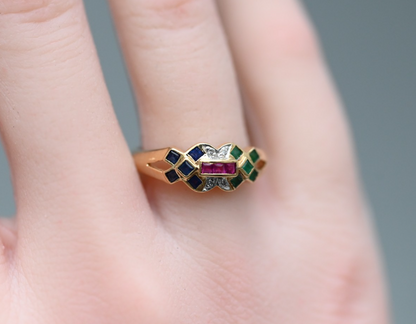 Mosaic Design Multi-gemstone Emeralds, Sapphires, Rubies, & Diamonds 14k YG Ring2