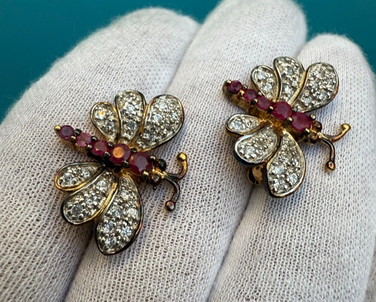 Super Beautiful Pair of Gold Gilt Sterling Silver Ruby Butterfly Brooch Pins1