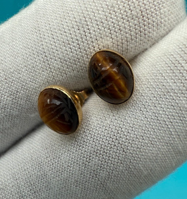 Amazing Tigers Eye & 14k Yellow Gold Stud Earrings 1