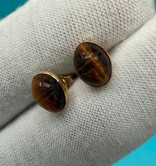 Amazing Tigers Eye & 14k Yellow Gold Stud Earrings 1