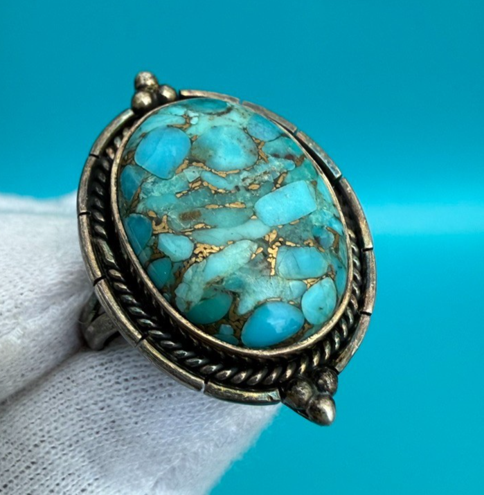 Superb Native American Signed Sterling Silver Ring w/ Turquoise Gem0