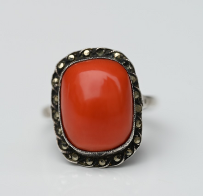 Beautiful Antique Sterling Silver Ring with Gorgeous Red Cabochon Natural Coral1