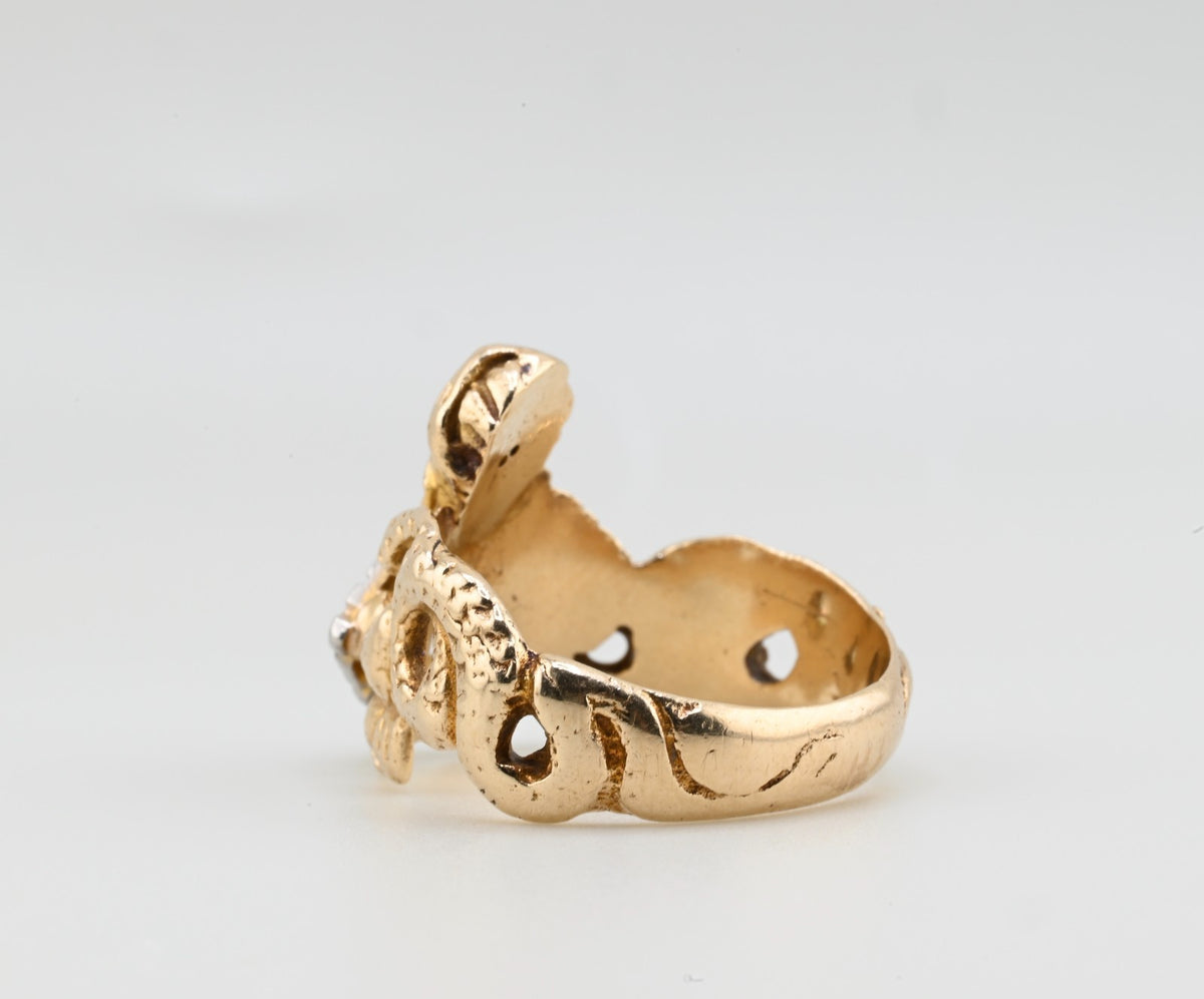 ANTIQUE ART DECO PERIOD 14K GENIE & DOUBLE SNAKE RING OLD EURO DIAMOND IGI CERT.8