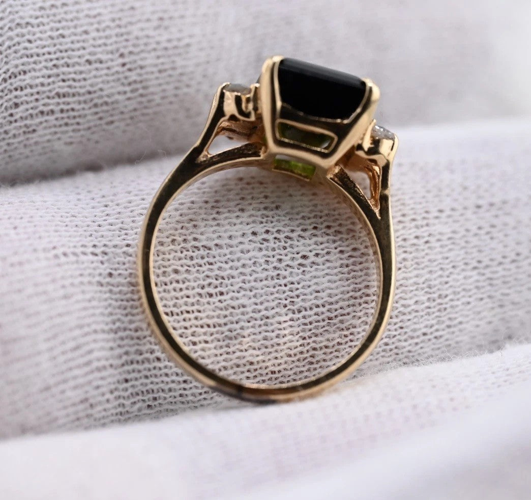 Emerald-Cut Green Tourmaline Flanked by Small Diamonds on 14K Yellow Gold Band4