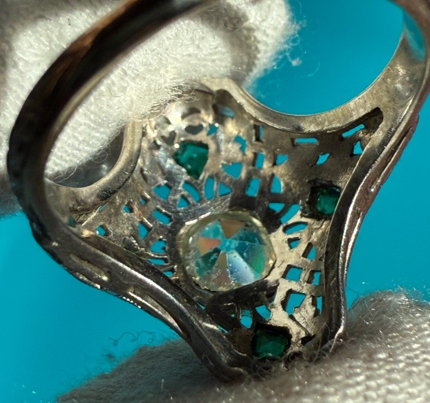 Wonderful Antique Art Deco Period 14k - 18k White Gold Ring W/ Glass Diamond7
