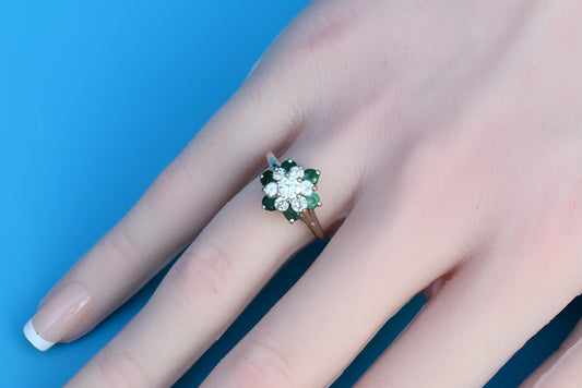 Wonderful Vintage Floral 12K -14K White Gold Ring W/ Natural Diamonds & Emeralds0