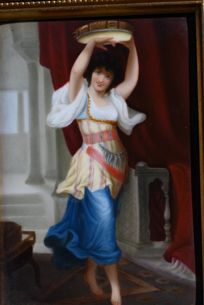 Antique Hand Painted German Porcelain Plaque of Gypsy Girl Holding a Tambourine7