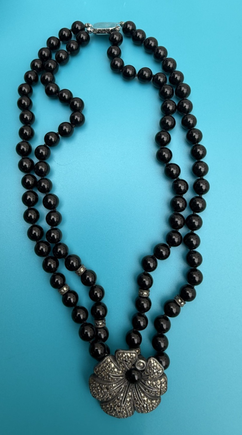 Gorgeous Double-Strand Black Onyx and Sterling Silver Marcasite Flower Necklace0
