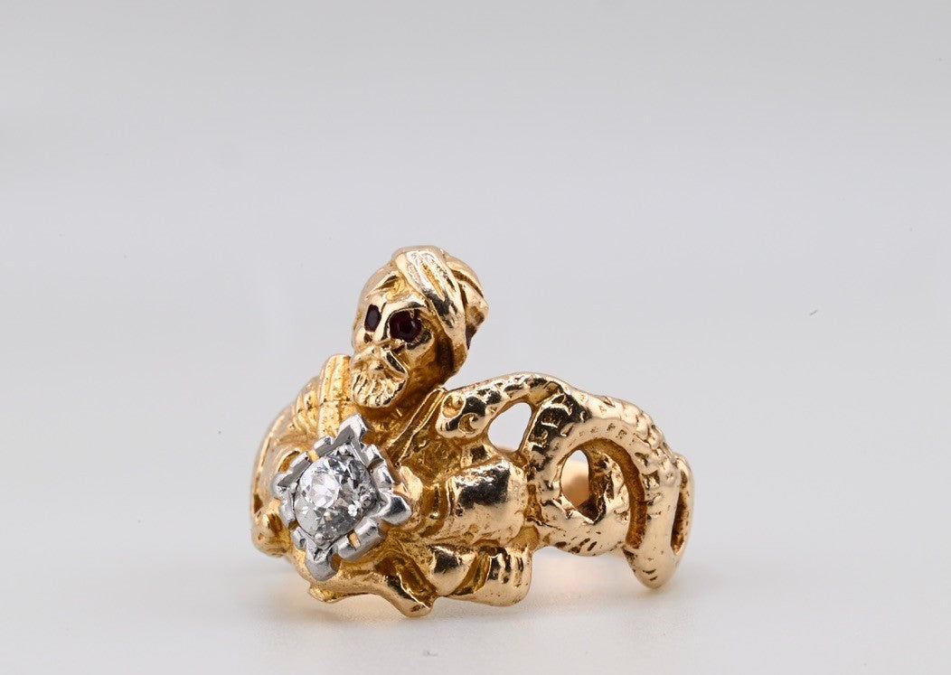 ANTIQUE ART DECO PERIOD 14K GENIE & DOUBLE SNAKE RING OLD EURO DIAMOND IGI CERT.4