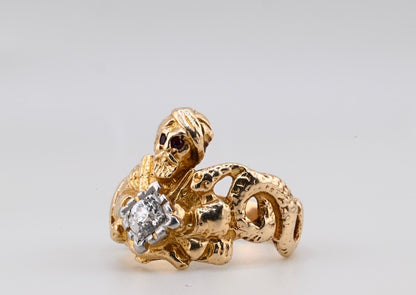 ANTIQUE ART DECO PERIOD 14K GENIE & DOUBLE SNAKE RING OLD EURO DIAMOND IGI CERT.4