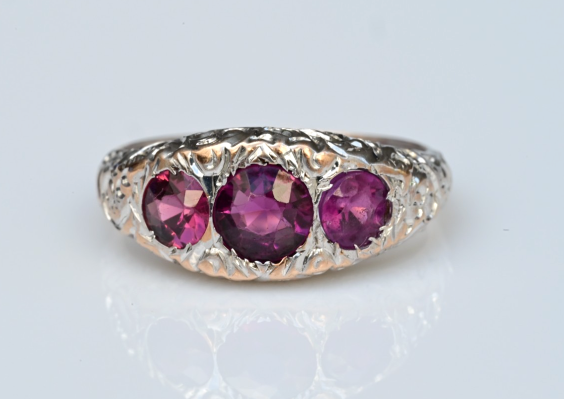 Art Deco Gypsy Ring in 10K White Gold Purplish Pink Rhodolite Garnets IGI Cert0