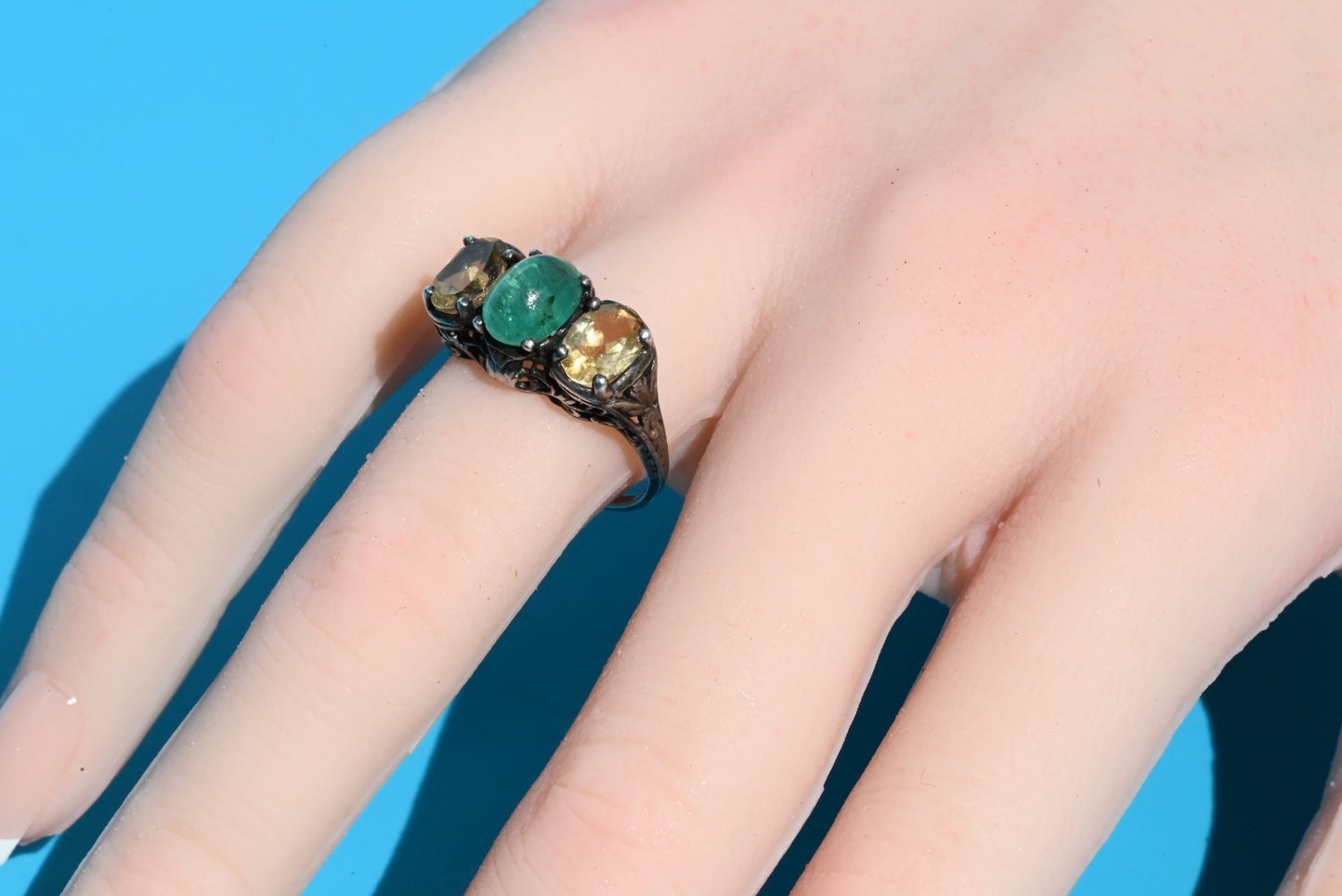 Antique Victorian / Art Deco 925 Sterling Silver Filigree w Natural Emerald Ring5