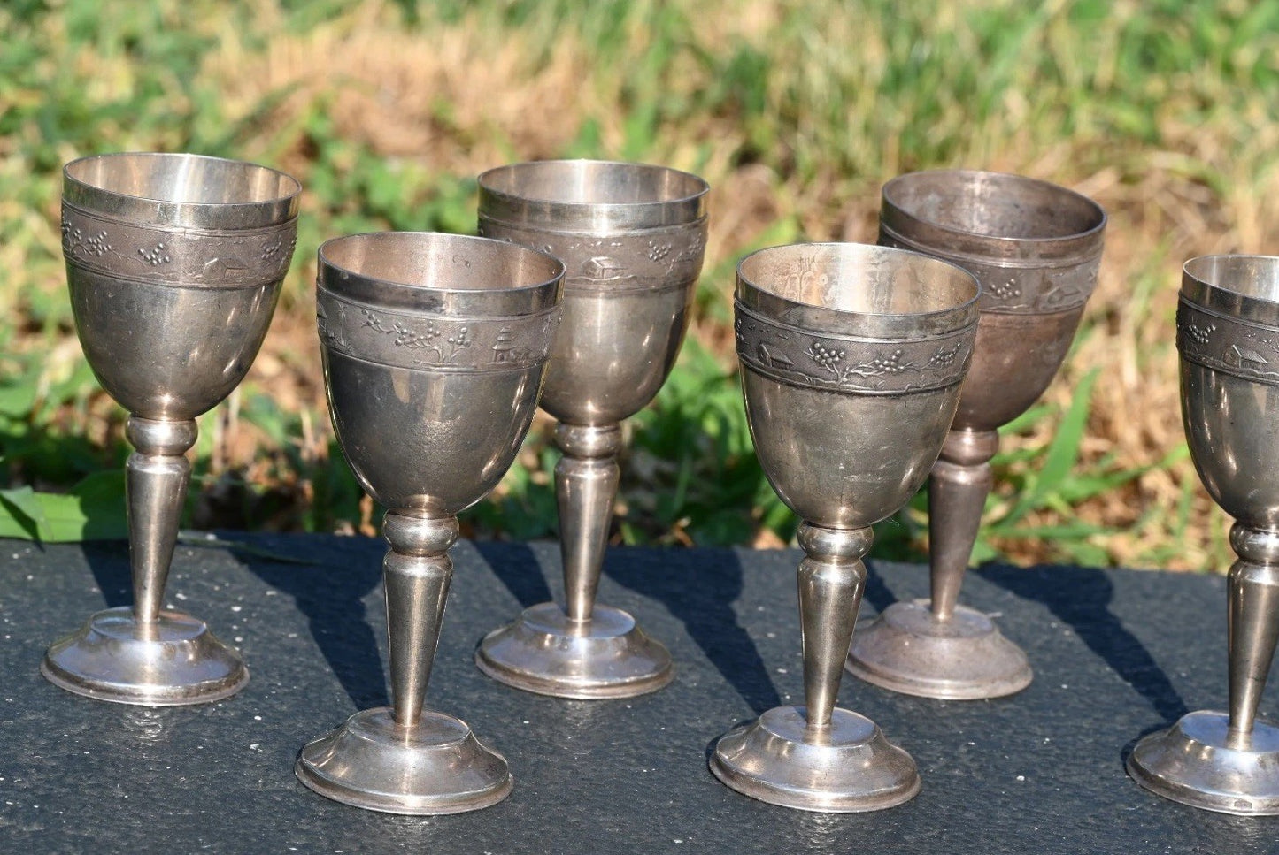 Unique Vietnamese Antique 1900s Handmade Silver Decanter Set With Tray & Cups13