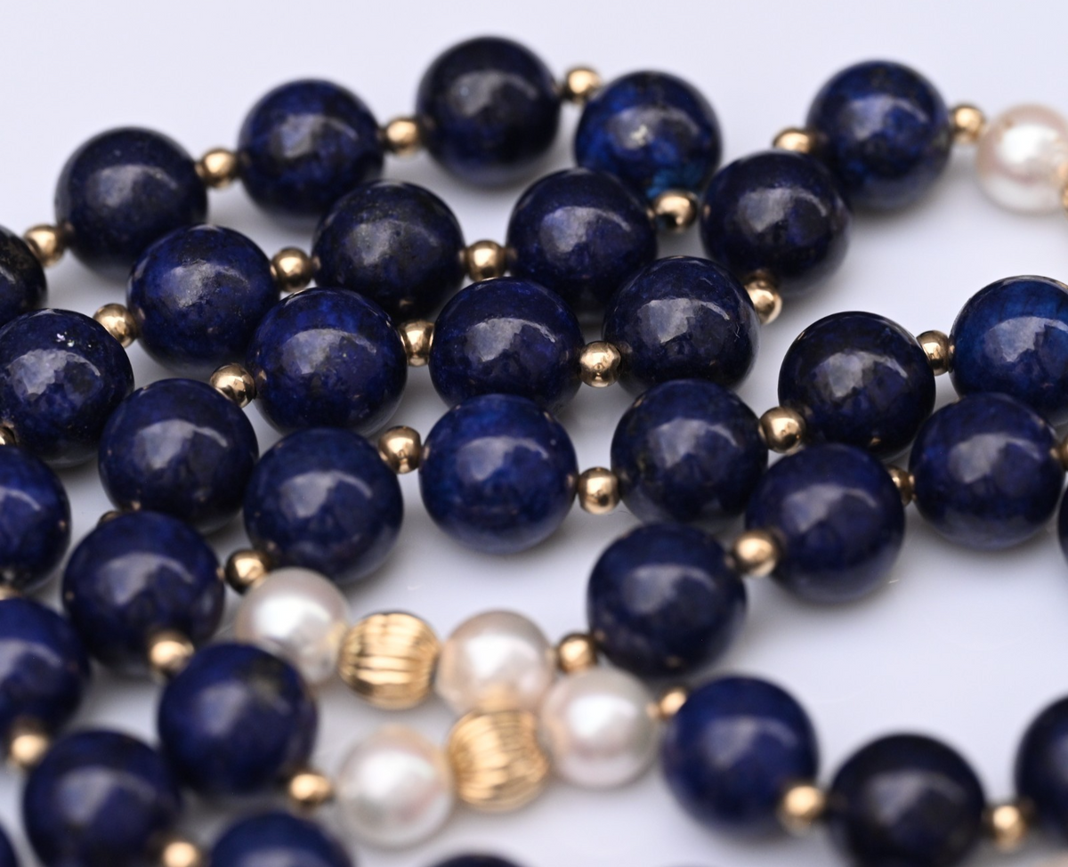 Vintage 14K Yellow Gold, Lapis Lazuli & Cultured Pearl Beaded Necklace3