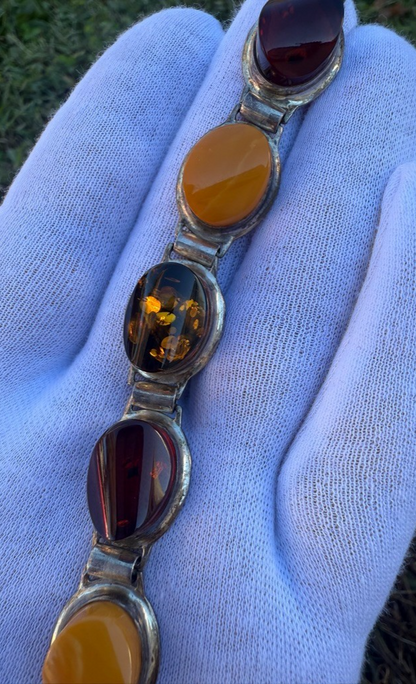 Wonderful Vintage Lab & Natural Amber Continental European Silver Bracelet3