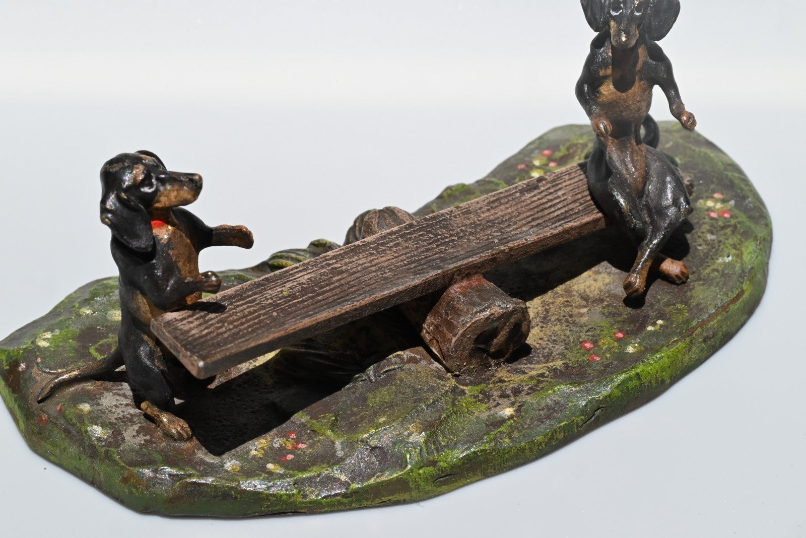 Vintage Austrian Vienna Cold Painted Bronze of Dachshund Dogs Playing Seesaw1
