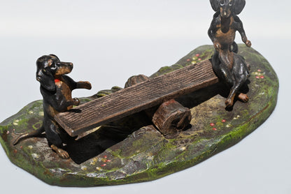 Vintage Austrian Vienna Cold Painted Bronze of Dachshund Dogs Playing Seesaw1