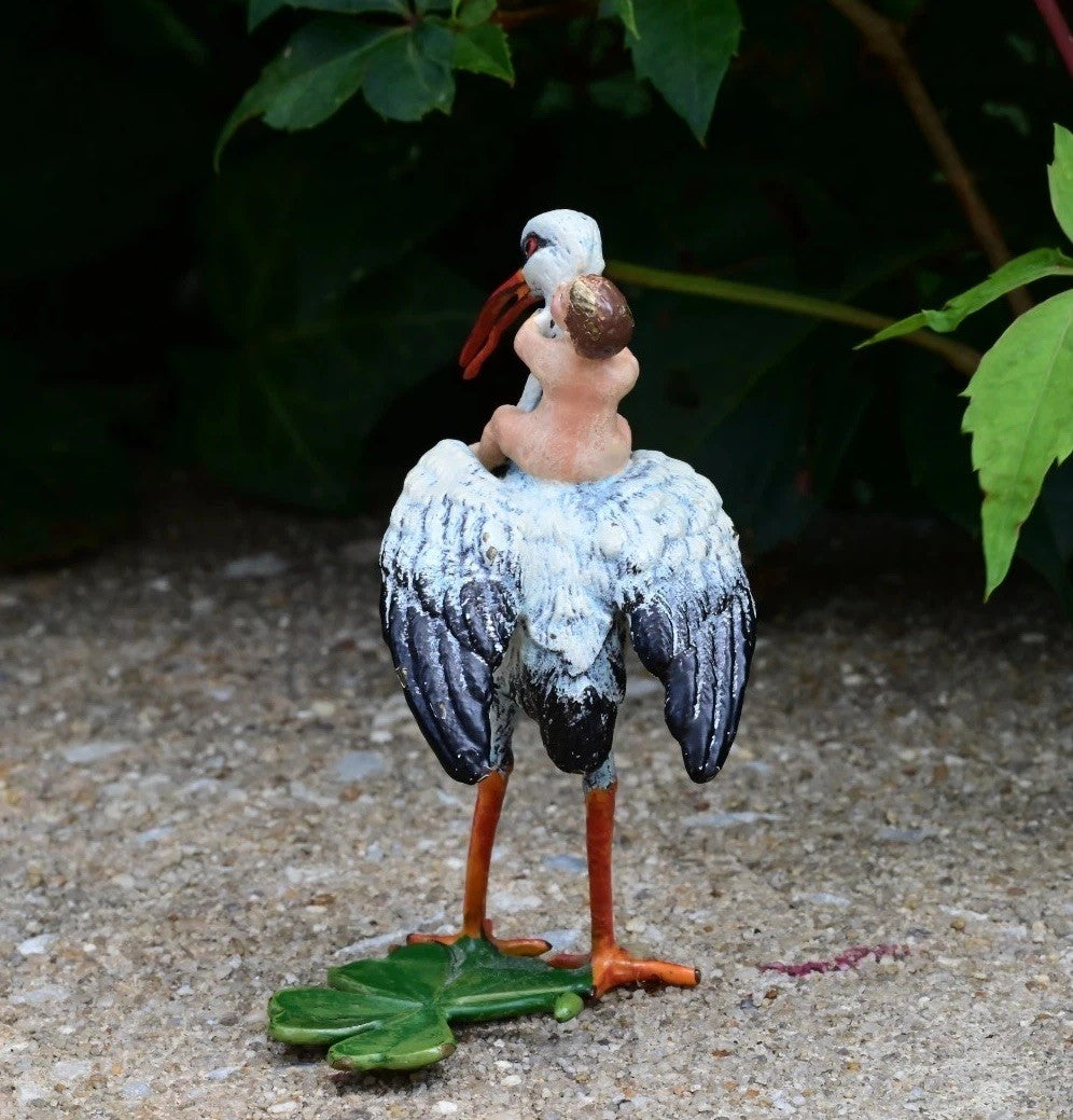Rare Austrian Vienna Cold Painted Bronze Stork With Baby & Four Leaf Clover3