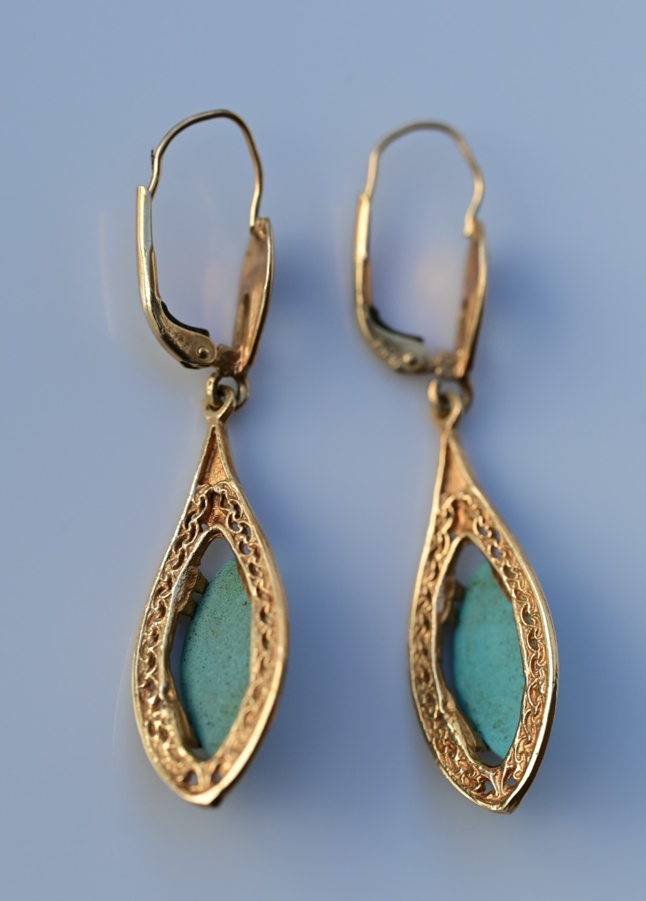 Antique Filigree Yellow Gold Drop Earrings Marquise-cut Blue Turquoise Cabochons6