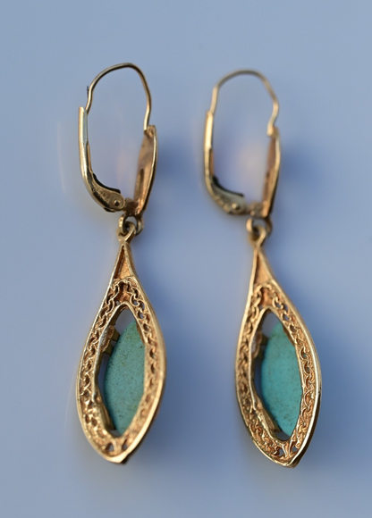 Antique Filigree Yellow Gold Drop Earrings Marquise-cut Blue Turquoise Cabochons6