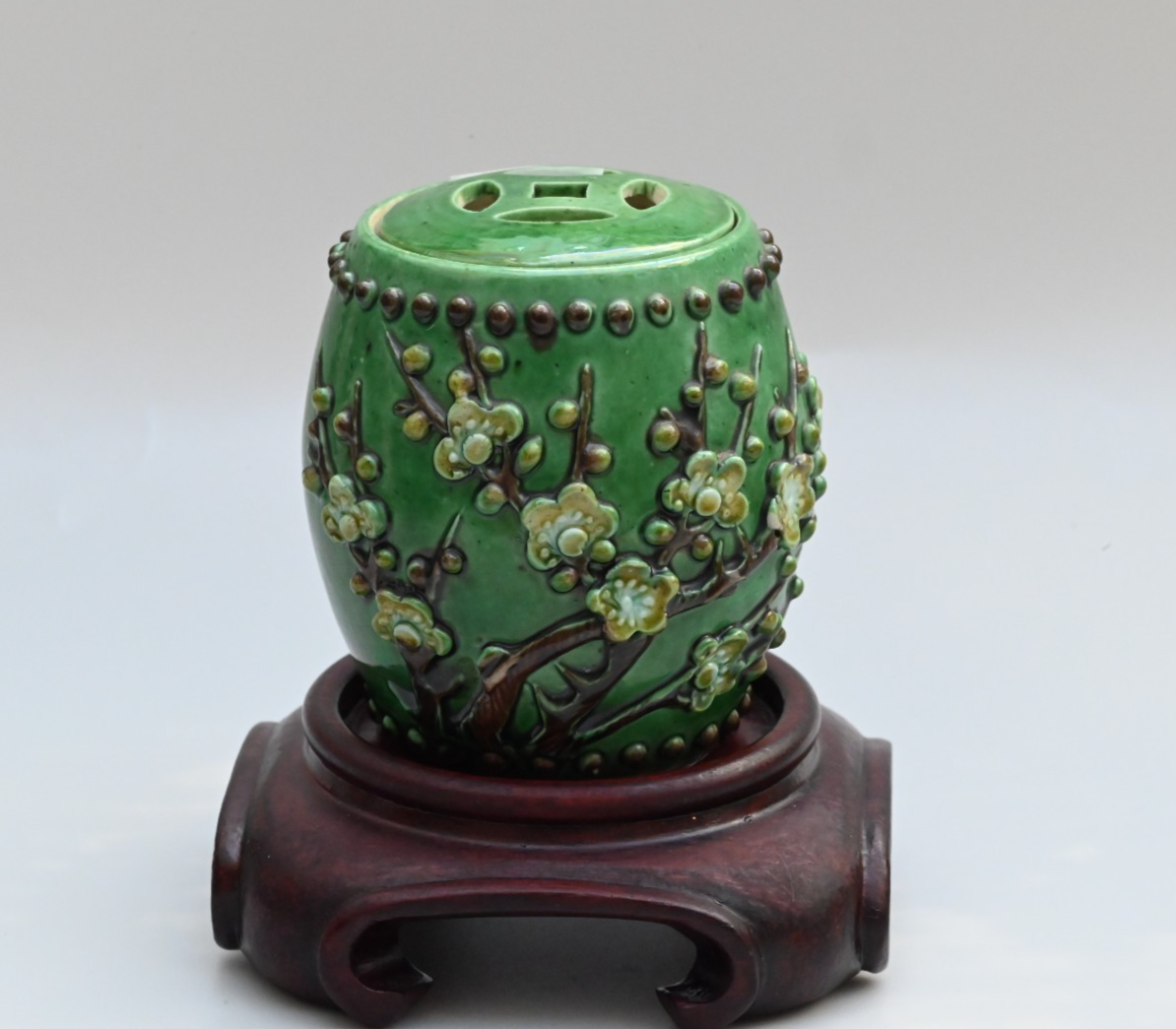Unique Chinese Antique Porcelain Lid Jar / Cricket Cage w/ Raised Blossom Design0