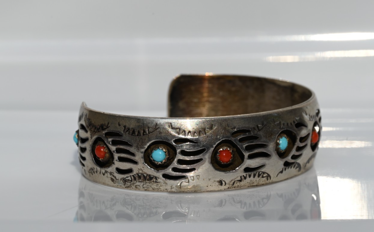 Navajo Pearlene Spencer Turquoise & Coral Bear Paw Sterling Silver Cuff Bracelet4