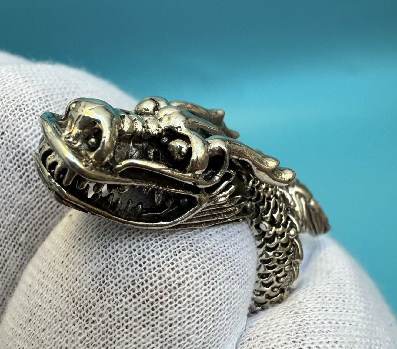 Wonderful Vintage Chinese / Japanese Sterling Silver Dragon Ring5