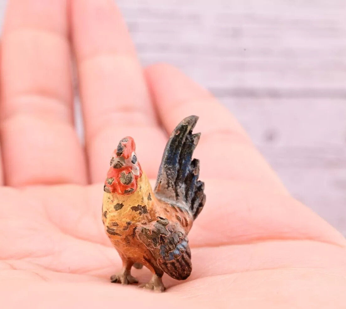 Original & Beautiful Antique Austrian Vienna Cold Painted Bronze of Tiny Rooster2